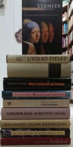 Majtényi Zoltán, Luigi Guarnieri, Feuchtwanger, David Weiss, Pierre La Mure, Theun de Vries, Salvador Dalí, Benvenuto Cellini, Irving Stone - 10 db-os KÖNYVMENTŐ AJÁMLAT, festői életrajz: Vermeer kettős élete+ Utolsó ítélet+ Goya+ Meztelenül jöttem+ Mona Lisa magánélete+ Titkok birodalma+ Elrejtett arcok+ Cellini mester élete+ A napsugár fia+ A velencei