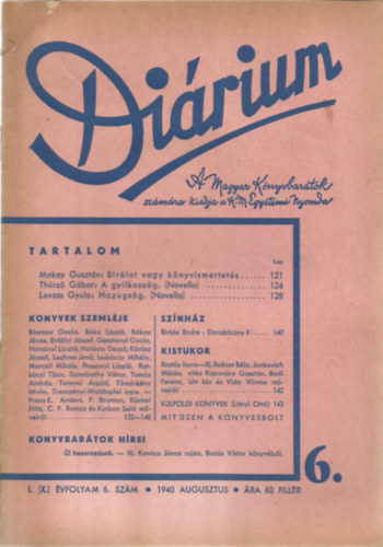 M�t� K�roly-Kenyeres Imre - Di�rium I. (X.) �vfolyam 6. Sz�m - 1940 Augusztus