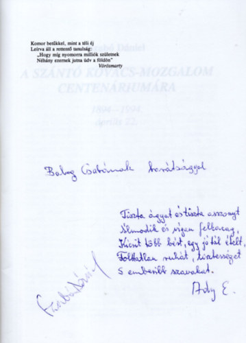 Szab� D�niel - A Sz�nt� Kov�cs-mozgalom centen�rium�ra 1894-1994. �prilis 22.- dedik�lt