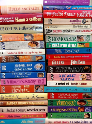 Tracy Chevallier, Kathleen E. Woodiwiss, Jackie Collins, Victoria Holt, Sandra Brown, Sindey Lawrence, Catherine Mann, Judith Krantz, Harold Robbins, Joan Collins - 36 db romantikus ktet: Hull angyalok, Hamu a szlben, Hollywoodi pnik, brndok, A kegyelem istennje, A tigris ugrsa, A Paradicsom sziget, rdg a lovon, A kastly ura, A titokzatos asszony, Kgytnc, Francia Selyem, Selyemhl,