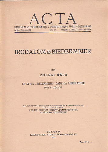 Zolnai Bla - Irodalom s Biedermeier (magyar/francia)