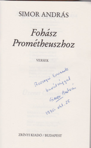 Simon Andr�s - Foh�sz Prom�theuszhoz (Z-f�zetek/2) Dedik�lt, sz�mozott!