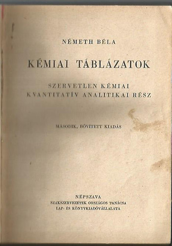 Nmeth, Lszl - Kmiai tblzatok - Szervetlen kmiai kvantitatv analitikai rsz