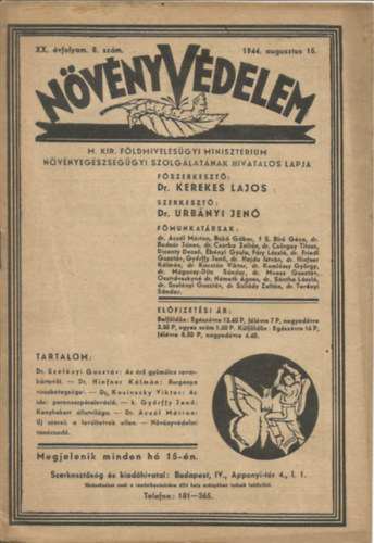 Dr. Kerekes Lajos; Dr. Urbnyi Jen - Nvnyvdelem XX. vfolyam 8. szm - 1944. augusztus 15.