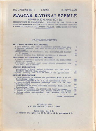 Vitz Berk Istvn (szerk.) - Magyar Katonai Szemle 1932 janur h, 1. szm, II. vfolyam