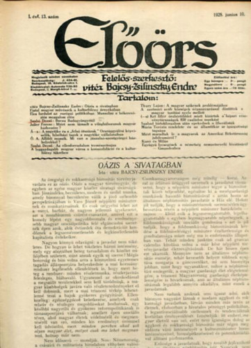 vitz Bajcsy-Zsilinszky Endre ( felels szerkeszt) - Elrs folyirat I. vf. 13. szm. 1928. junius 10.