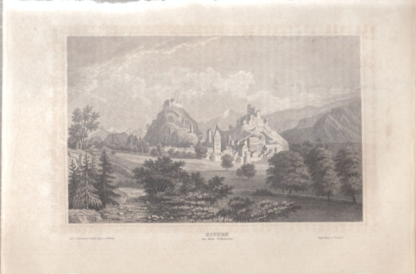 Sitten in der Schweiz - Sion (város, Svájc, Európa) (16x23,5 cm lapméretű eredeti acélmetszet, 1856-ból)