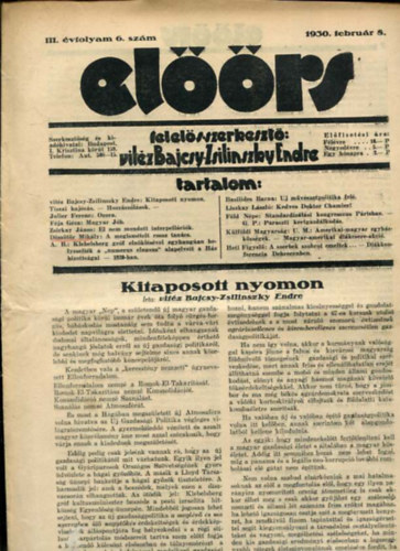 vitéz Bajcsy-Zsilinszky Endre ( felelős szerkesztő) - Előörs folyóirat III. évf. 6. szám. 1930. február 8.