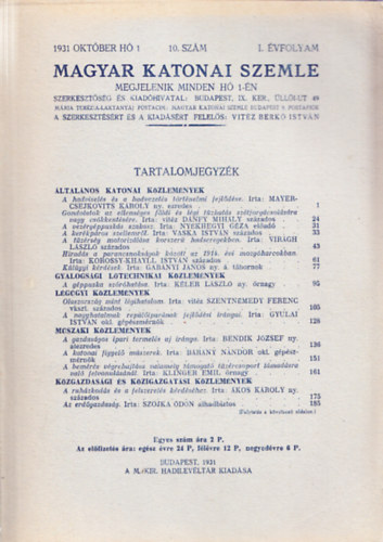 Vitéz Berkó István (szerk.) - Magyar Katonai Szemle 1931 október hó, 10. szám, I. évfolyam
