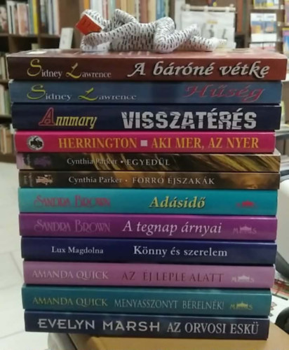 Evelyn Marsh, Amanda Quick, Lux Magdolna, Sandra Brown, Cynthia Parker, Terri Herrington, Annmary, Sindey Lawrence - 12 db-os KÖNYVMENTŐ AJÁNLAT, romantikus: Az orvosi eskü+ Menyasszonyt bérelnék!+ Az éj leple alatt+ Könny és szerelem+ A tegnap árnyai+ Adásidő+ Forró éjszakák+ Egyedül+ Aki mer, az nyer+ Visszatérés+ Hűség+ A báróné vétke