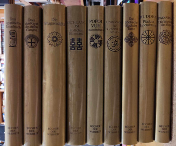 Alfred Scherz Verlag - 9 db Bcher der Weisheit: Das gyptische Totenbuch; ber den Rand des tiefen Canyon; Die Bhagavadgt; Dschuang Dsi; Popol Vuh; Upanishaden; Das tibetische Buch der Toten; Buddha; Patanjali