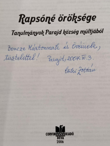 Csiki Zoltn, Horvth Istvn, Ozsvt Pl, Vcsei A - Rapsn rksge - Tanulmnyok Parajd kzsg mltjbl
