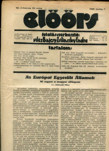 vitz Bajcsy-Zsilinszky Endre ( felels szerkeszt) - Elrs folyirat III. vf. 23. szm. 1930. junius 7.
