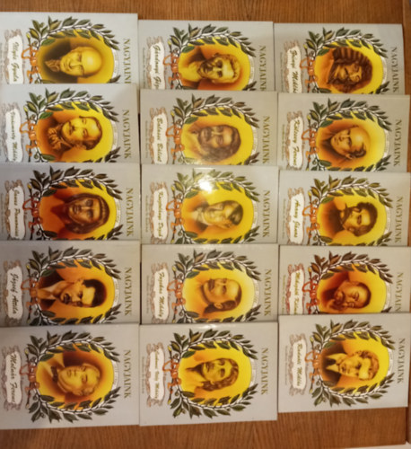 14 db kötet a Nagyjaink sorozatból (Molnár Ferenc, József Attila, Janus Pannonius, Vörösmarty Mihály, Illyés Gyula, Csokonai Vitéz Mihály, Fazekas Mihály, Kosztolányi Dezső, Balassi Bálint, Gárdonyi Géza, Radnóti Miklós, Mikszáth K