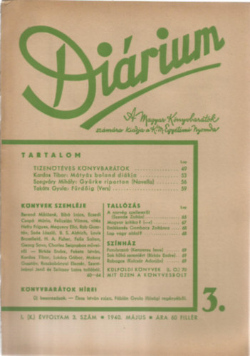 M�t� K�roly - Di�rium I. (X.) �vfolyam 3. Sz�m - 1940 M�jus