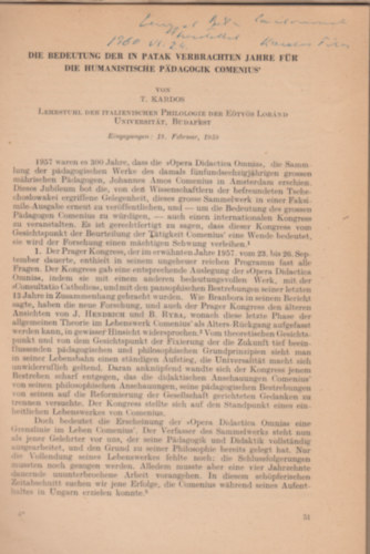 Kardos Tibor - Die Bedeutung der in patak verbrachten jahre f�r die humanistische padagogik comenius