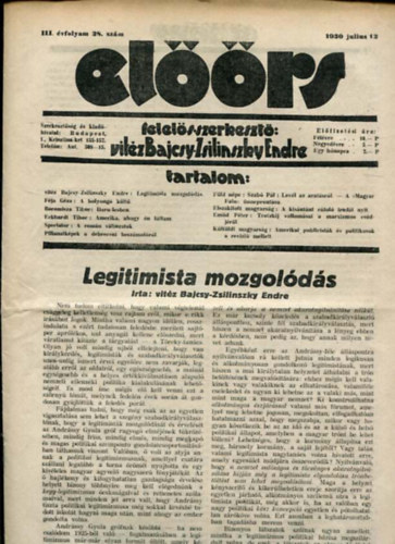 vitz Bajcsy-Zsilinszky Endre ( felels szerkeszt) - Elrs folyirat III. vf. 28. szm. 1930. julius 12.