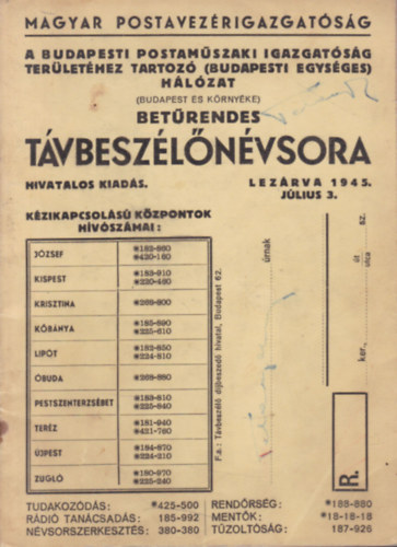 Budapest és környéke betűrendes távbeszélőnévsora (Lezárva: 1945. július 3.)