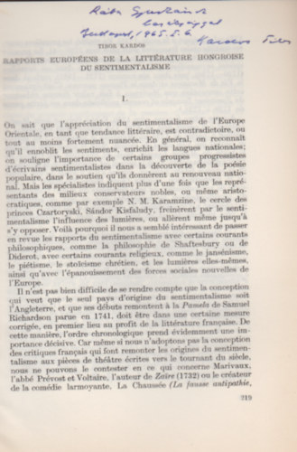 Kardos Tibor - Rapports Européens de la littérature Hongroise du sentimentalisme. (Littérature Hongroise - Littérature Européenne.)