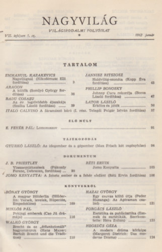 Kardos László (szerk.) - Nagyvilág (Világirodalmi folyóirat) I-II., VII. évf. 1-12. szám, 1962 (két kötetben)