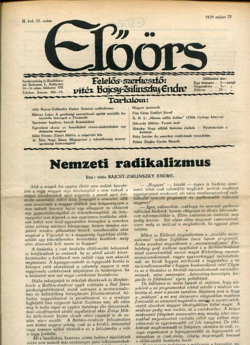 vitz Bajcsy-Zsilinszky Endre ( felels szerkeszt) - Elrs folyirat II. vf. 21. szm. 1929. mjus 25.