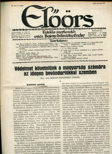 vitz Bajcsy-Zsilinszky Endre ( felels szerkeszt) - Elrs folyirat II. vf. 4. szm. 1929. janur 26.