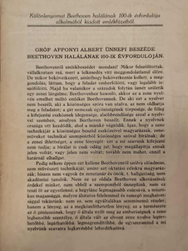 Gróf Apponyi Albert ünnepi beszéde Beethoven halálának 100-ik évfordulóján. Különlenyomat
