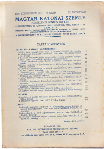 Vit�z Berk� Istv�n (szerk.) - Magyar Katonai Szemle 1939. szeptember h� 9. sz�m IX. �vfolyam