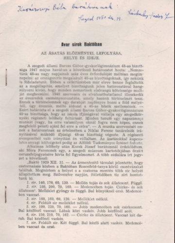 Szádeczky-Kardoss Samu - Avar sírok Baktóban - Külön lenyomat - Dedikált