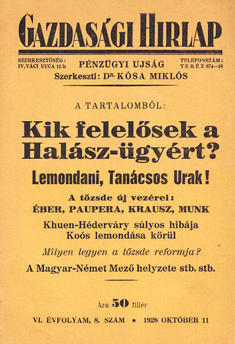 Ksa Mikls dr. (szerk.) - Gazdasgi Hirlap - Pnzgyi ujsg VI. vfolyam, 8. szm (1928 oktber 11)