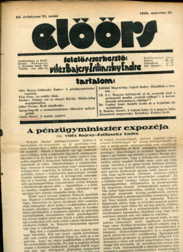 vitz Bajcsy-Zsilinszky Endre ( felels szerkeszt) - Elrs folyirat III. vf. 12. szm. 1930. mrcius 22.