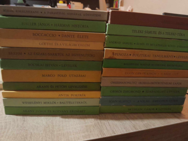 Haller Jnos Giovanni Boccaccio  Alferd Edmund Brehm  Bocskai Istvn, Wesselnyi Mikls Sfrn Gyrgyi   Spinoza  Egon Erwin Kisch, Ioan Slavici - 21 Tka knyv    Hrmas histria - Dante lete - Goethe s a vilgirodalom - Levelek - Arany s Petfi levelezse - Antik portrk - Politikai tanulmny levelek - A Redl-gy