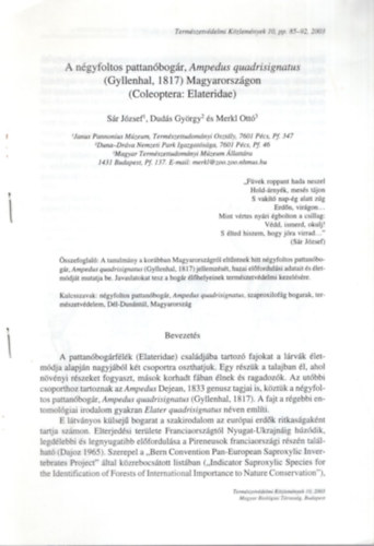 Sr Jzsef, Duds Gyrgy, Merkl Ott - A ngyfoltos pattanbogr, Ampedus quadrisignatus ( Gyllenhal, 1817 ) Magyarorszgon ( Coleoptera: Elateridae ) Klnlenyomat
