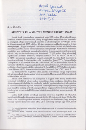 Soós Katalin - Ausztria és a magyar menekültügy 1956-57 - Dedikált - különlenyomat