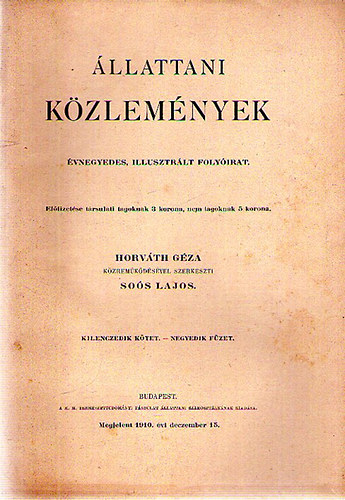 Horváth Géza (szerk); Soós Lajos (szerk.) - Állattani Közlemények IX. kötet 4. füzet