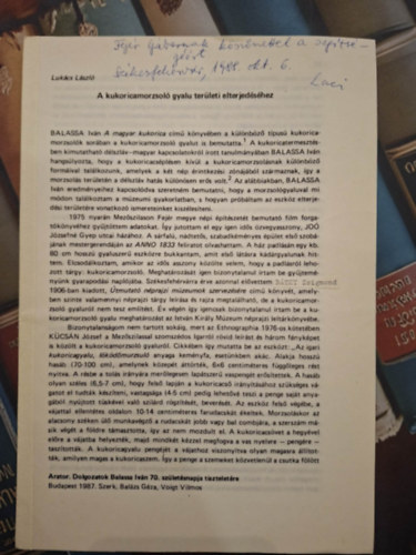 Lukács László - A kukoricamorzsoló gyalu területi elterjedéséhez (különlenyomat) - dedikált