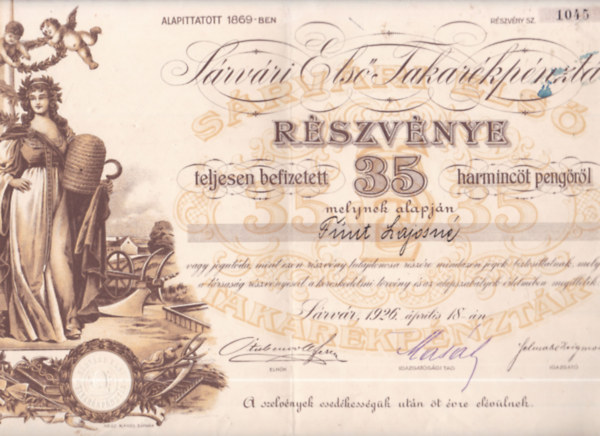 Sárvári Első Takarékpénztár részvénye (történelmi értékpapír, eredeti)