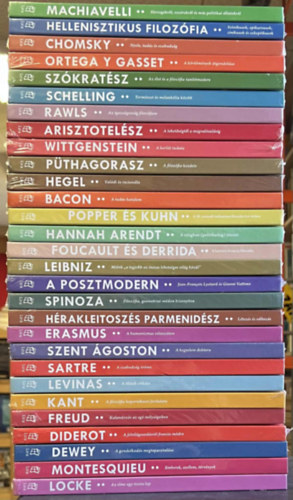 Spinoza, Erasmus, Szent �goston, Jean-Paul Sartre, Emmanuel Levinas, Kant, Freud, Diderot, Dewey, Montesquieu, Locke - 29 db A vil�g filoz�fusai k�nyv: Machiavelli, Hellenisztikus filoz�fia, Chomsky, Ortega y Gasset, Sz�krat�sz, Schelling, Rawls, Arisztotel�sz, Wittgenstein, P�thagorasz, Hegel, Bacon, Popper �s Kuhn, Hannah Arendt, Foucault �s Derrida, Leib