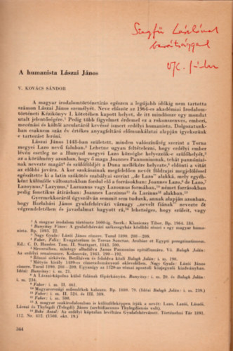 V. Kovács Sándor - A humanista Lászai János - Különlenyomat - Dedikált