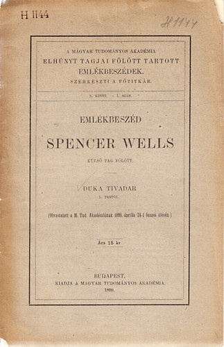 Duka Tivadar - Emlékbeszéd Spencer Wells külső tag fölött