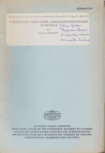 Maria Horv�th - Vorbericht �ber einen Janus-Pannonius-Kodex in Sevilla - Separatum