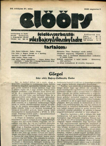 vitz Bajcsy-Zsilinszky Endre ( felels szerkeszt) - Elrs folyirat III. vf. 31. szm. 1930. augusztus 2.