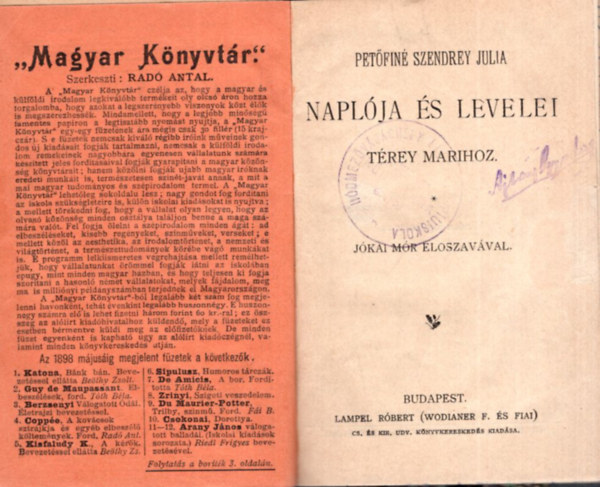 Petőfiné Szendrey Júlia naplója és levelei Térey Marihoz - Magyar Könyvtár sorozat