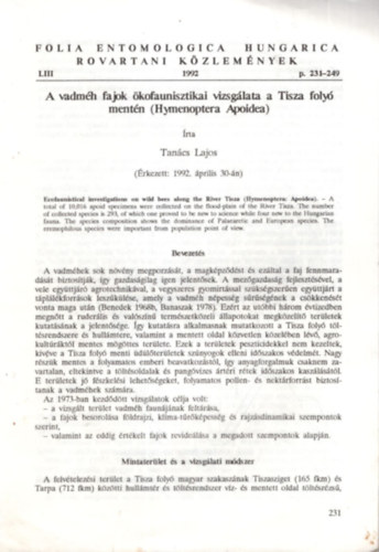 Tancs Lajos - A vadmh fajok kofaunisztikai vizsglata a Tisza foly mentn ( Hymenoptera Apoidea ) 1992.