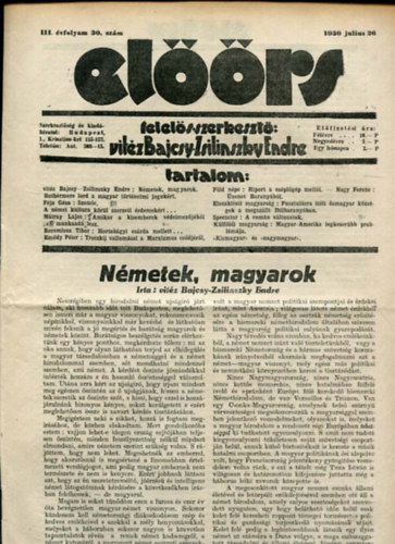 vitz Bajcsy-Zsilinszky Endre ( felels szerkeszt) - Elrs folyirat III. vf. 30. szm. 1930. julius 26.