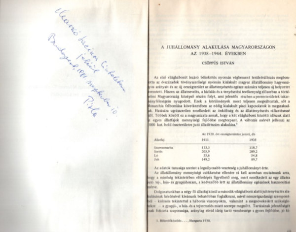 Csöppüs István - A juhállomány alakulása Magyarországon az 1938-1944. években - dedikált - Különlenyomat