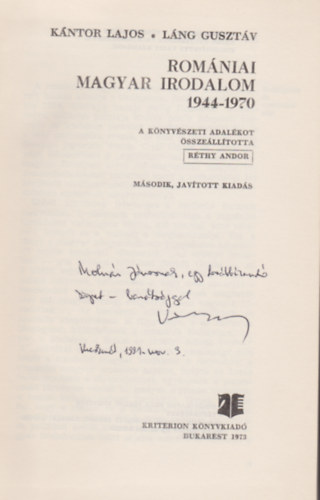 Kántor Lajos-Láng Gusztáv - Romániai magyar irodalom 1944-1970