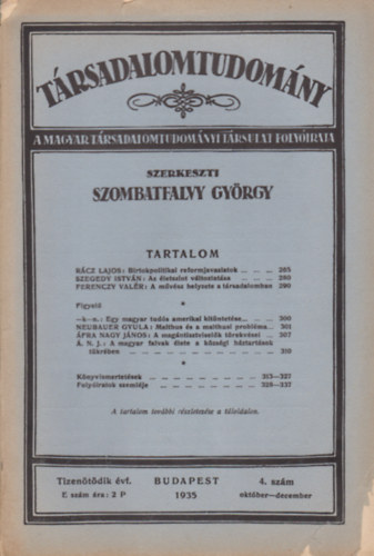 Szombatfalvy Gyrgy (Szerk.) - Trsadalomtudomny - A Magyar Trsadalomtudomnyi Trsulat folyirata 15. vf. 4. szm (1935)