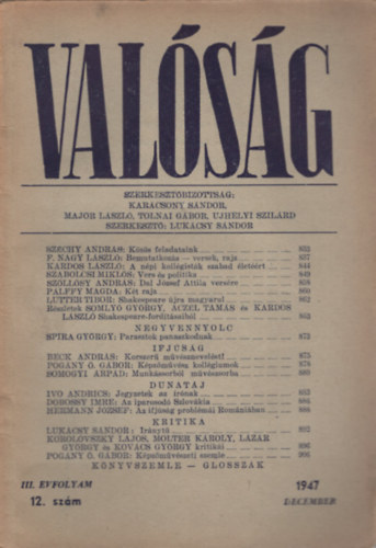 Karcsony Sndor (szerk.), Lukcsy Sndor (szerk.), Major Lszl (szerk.), Tolnai Gbor (szerk.), Ujhelyi Szilrd (szerk.) - Valsg III. vf. 12. szm (1947. december)