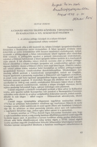 Oltvai Ferenc - A Csan�d v�rmegyei telepes k�zs�gek igazgat�sa a XIX. sz�zad els� fel�ben - K�l�nlenyomat - Dedik�lt